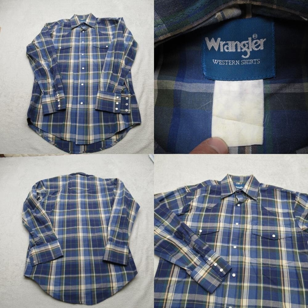 Wrangler Pearl Snap Shirt Mens Large Blue Plaid Button Up Casual Western VTG